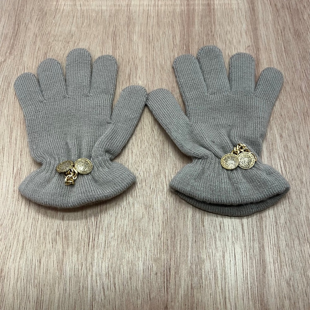 Woolworths Gray Knit Gloves Women One Size Gold Coin Charm Detail Winter Stretch